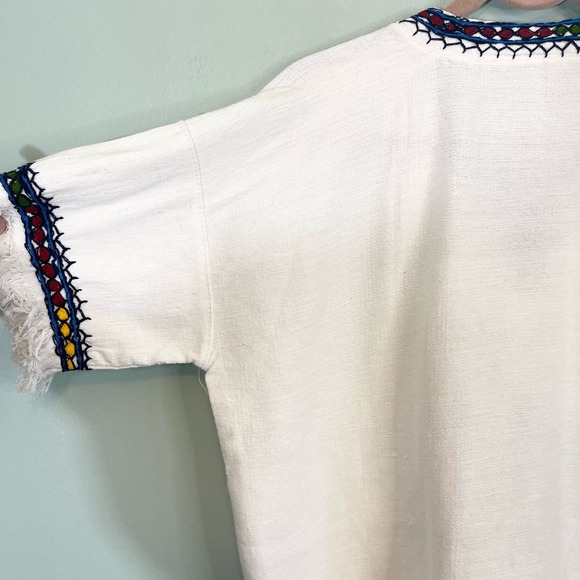 White Tunic Black Hand Embroidered V Neck Top w Fringes One Size - Picture 4 of 7